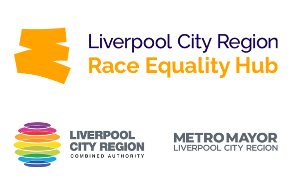 Logos for Liverpool City Region Race Equality Hub, Liverpool City Region Combined Authority, and Metro Mayor Liverpool City Region, featuring colorful and modern designs on a white background.