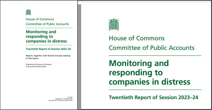 'Monitoring and responding to companies in distress' UK government report (green text on a white background)