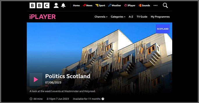 BBC iPlayer screenshot featuring the exterior of the Scottish Parliament building