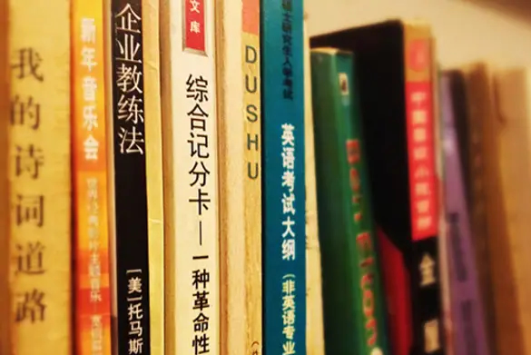 Close-up of a bookshelf with several books featuring Chinese titles on their spines.