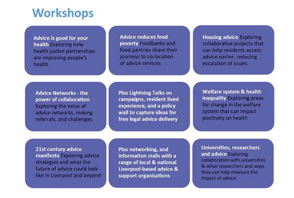 9 x purple boxes that list the workshops available at the event.