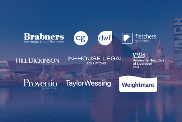 Logos of Law with a Year in Industry partner organisations displayed over a waterfront cityscape, featuring Brabners, CG Professional, DWF, Fletchers Solicitors, Hill Dickinson, In‑House Legal Solutions, NHS University Hospitals of Liverpool Group, Provenio, Taylor Wessing and Weightmans.