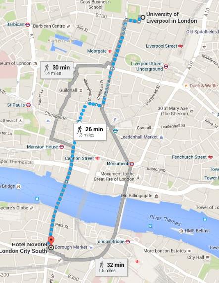 Google map - Novotel London City South to UoL in London