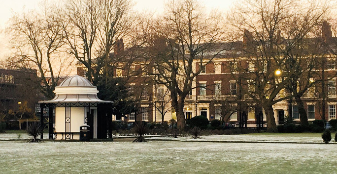 Abercromby square in snow and sunset