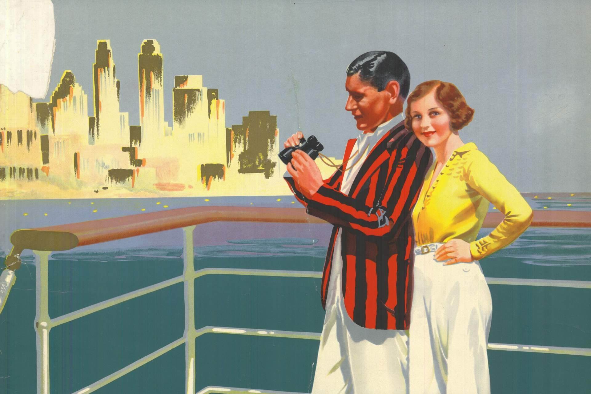 An image of a couple on a cruise ship from the Travel in Style Exhibition which explores Iconic Cunard Advertising in the 1920s and 1930s taken from Univeristy of Liverpool's Special Collections and Archives