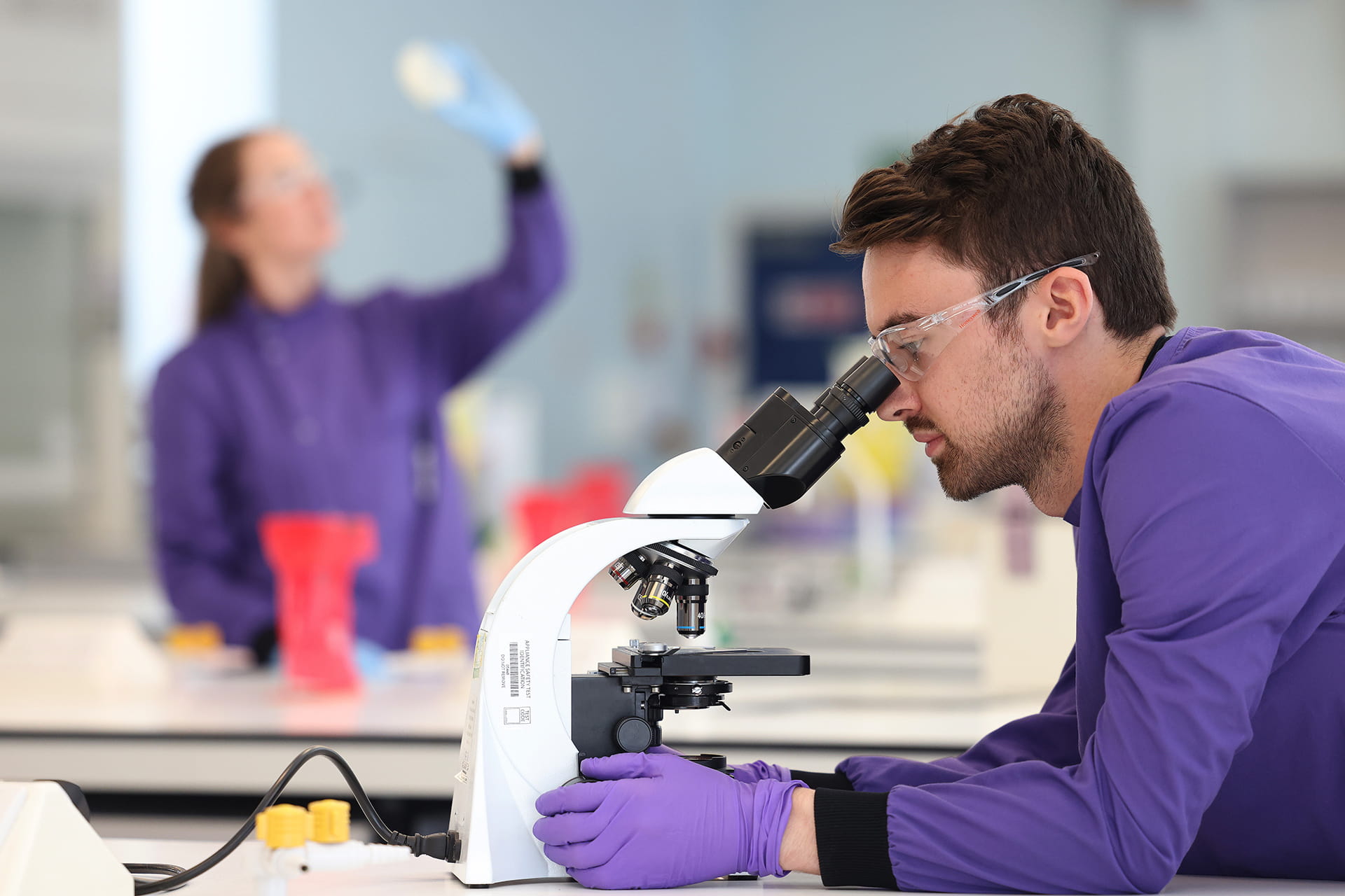 Student looking through a microscope in the lab