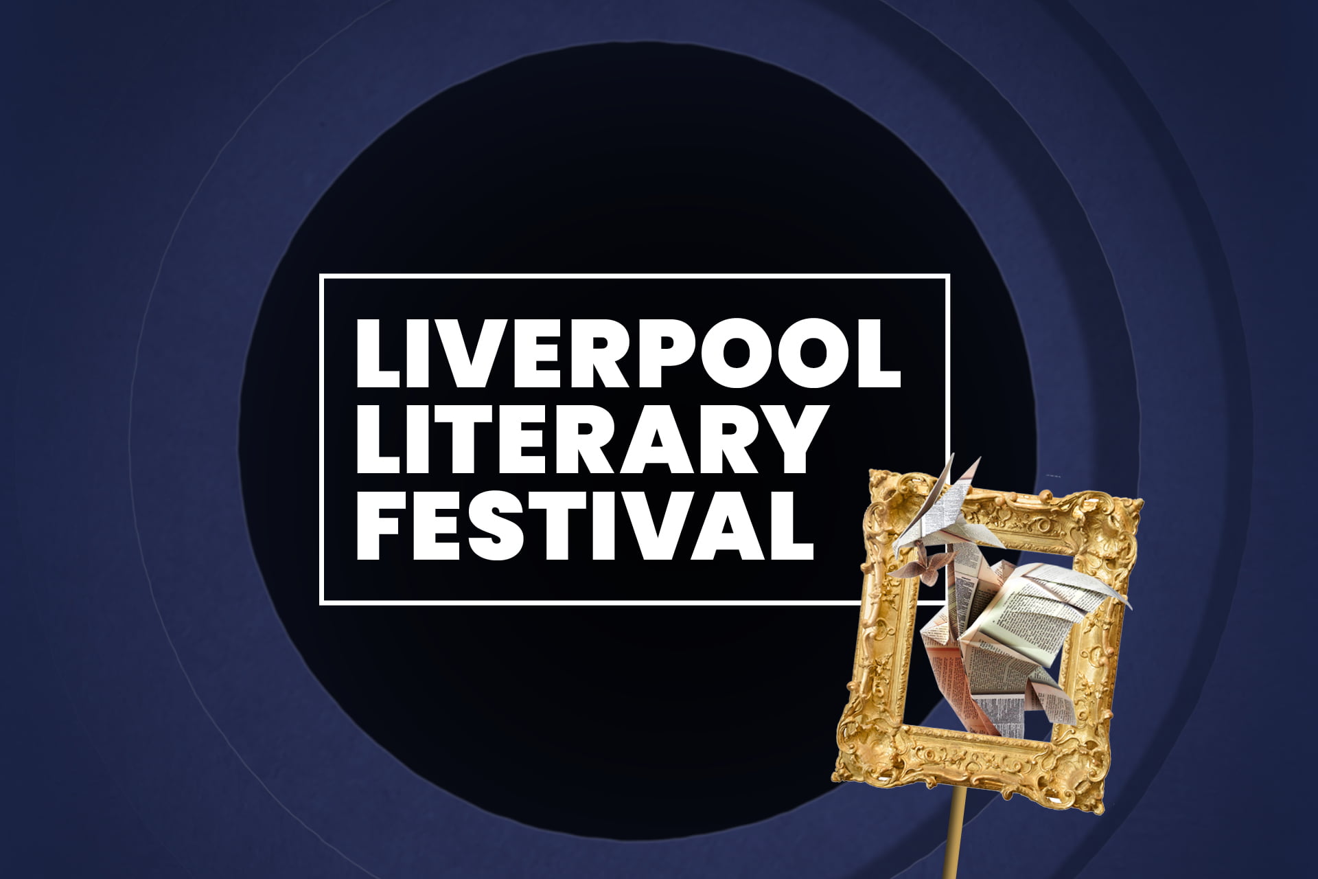 Liverpool Literary Festival text with origami liverbird in a gold frame