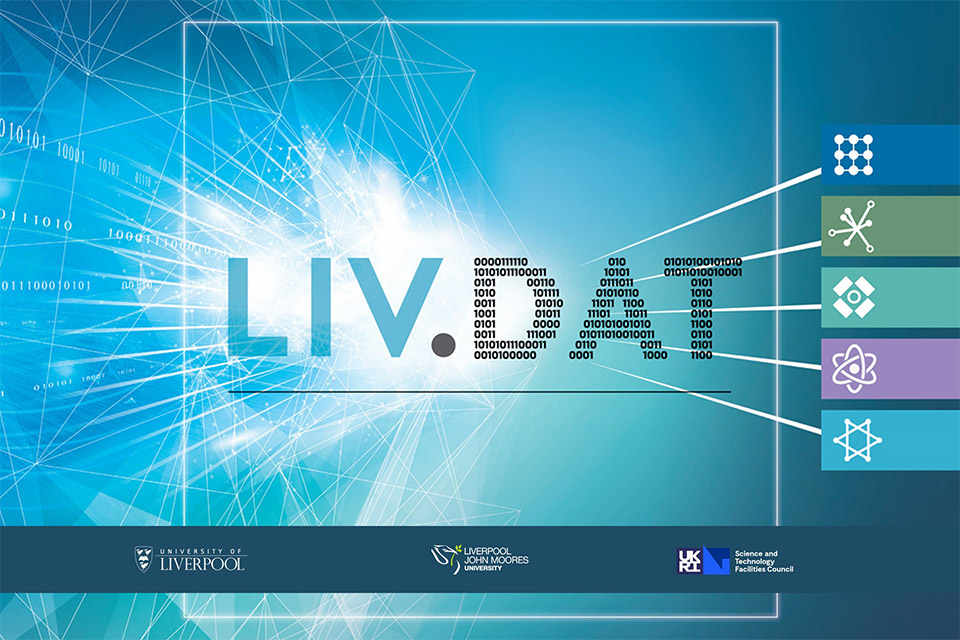 LIVDAT text with science icons and partner logos for University of Liverpool, JMU and UKRI