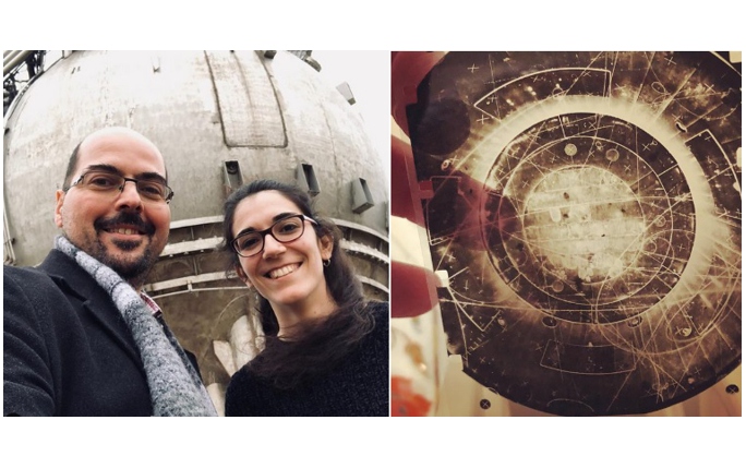 Professor Costas Andreopoulos and Júlia Tena Vidal who co-authored the paper, in front of the FNAL 15ft bubble chamber, (left) and the particle trajectories on the BEBC bubble chamber film roll (right).