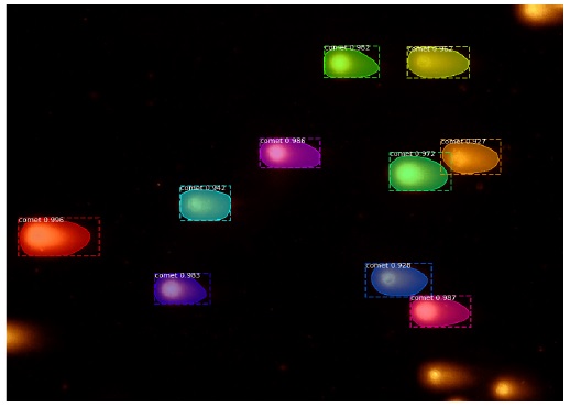 Image shows shows a comet assay image overlaid with the bounding boxes and segmented masks the model has defined.