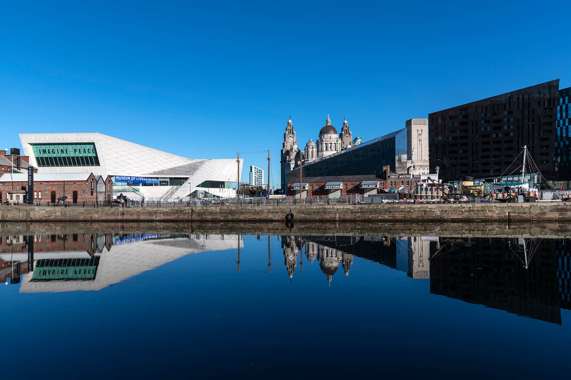 Liverpool waterfront with Liverpool Museum and Liver Building