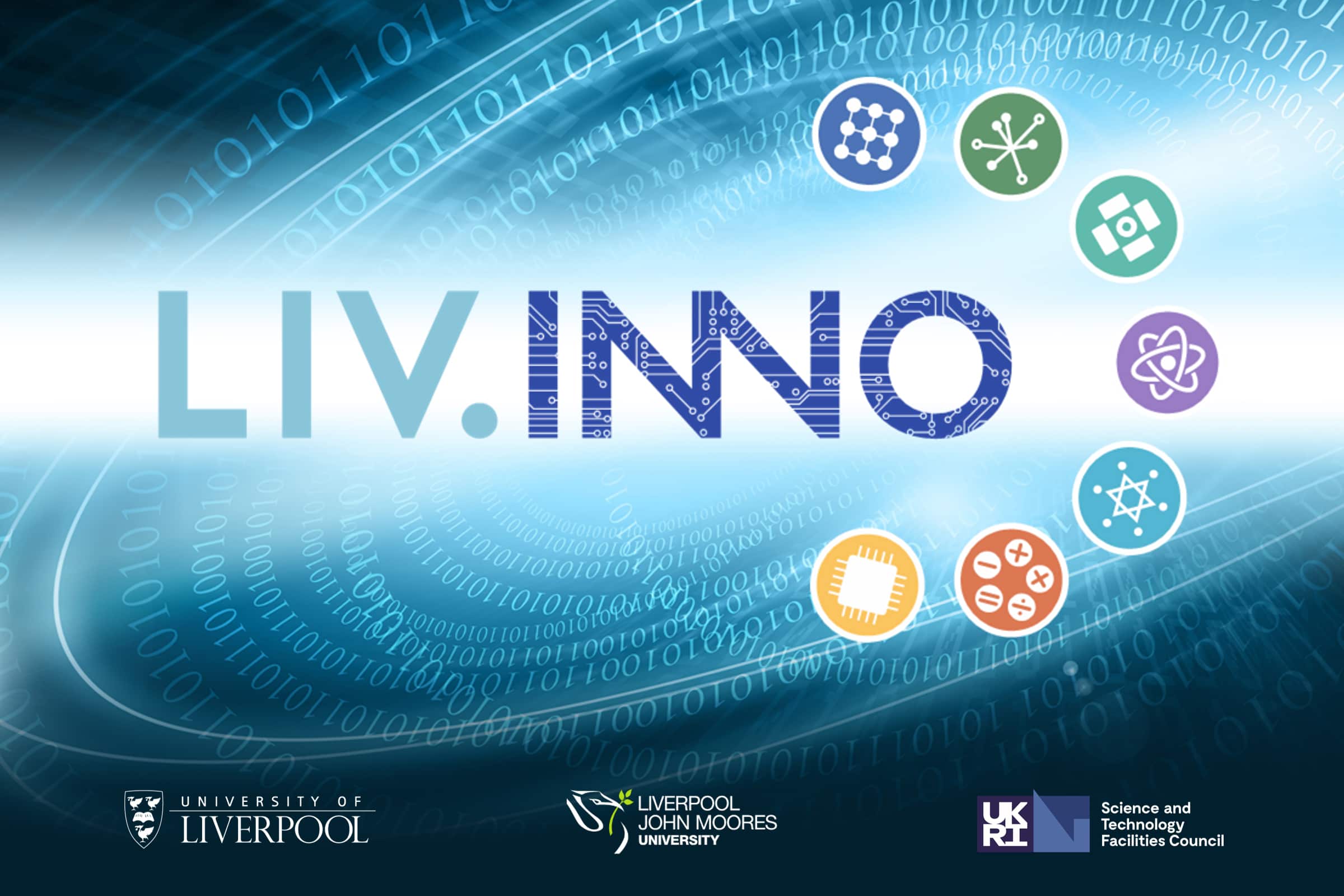 LIVINNO text with science style icons and partner logos for Liverpool John Moores, University of Liverpool and UKRI
