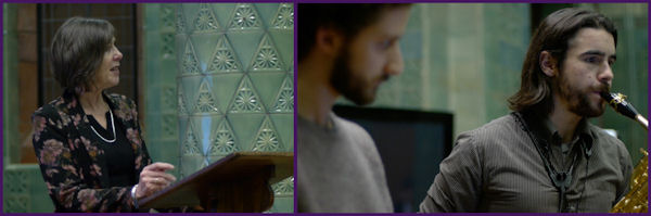 (L) Vice Chancellor Professor Janet Beer and (R) scapegoat (percussionist Noam Bierstone and saxophonist Joshua Hyde)