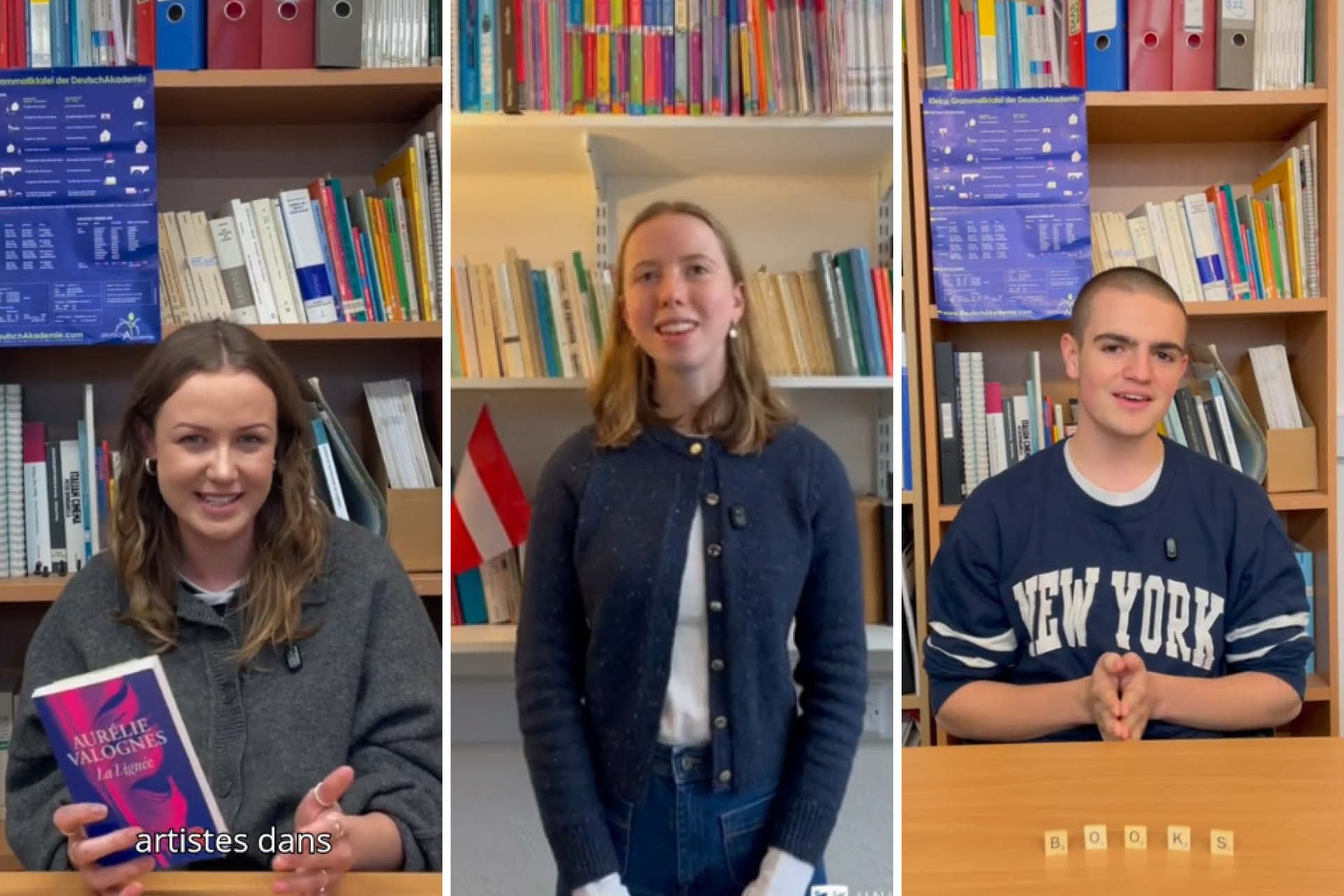A collage of three students, each one is sitting in a library talking to the camera.