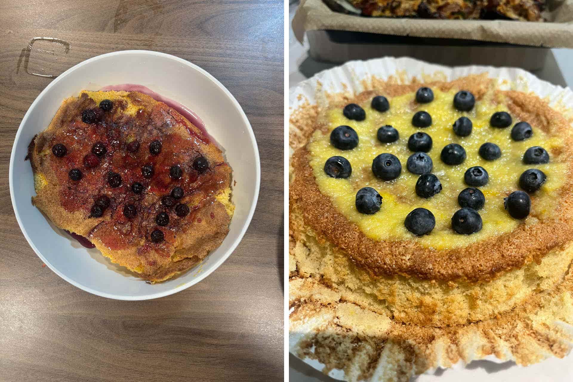 2 examples of a homemade dessert, a cake like food with blueberries on top.