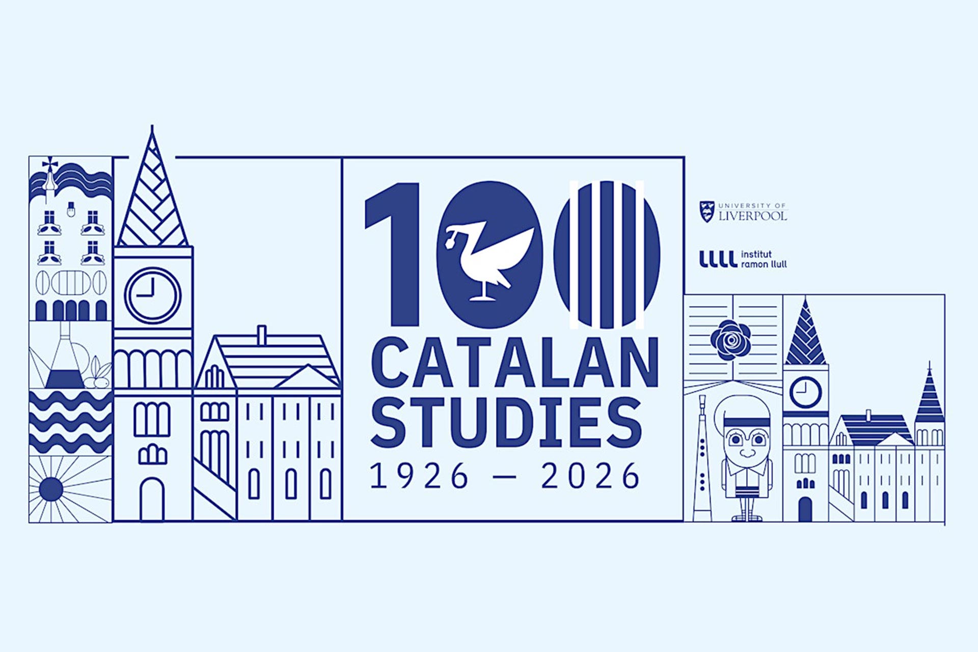 Illustrated banner celebrating 100 years of Catalan Studies, featuring stylized drawings of Liverpool and Catalan architectural elements surrounding the “100 Catalan Studies 1926–2026” logo.
