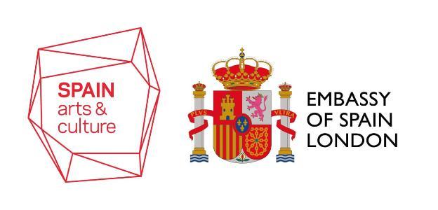 Spanish country insignia with Embassy of Spain written in block capitals to the right. Spain arts and culture is written to the left in red writing, encased in a geometric shape