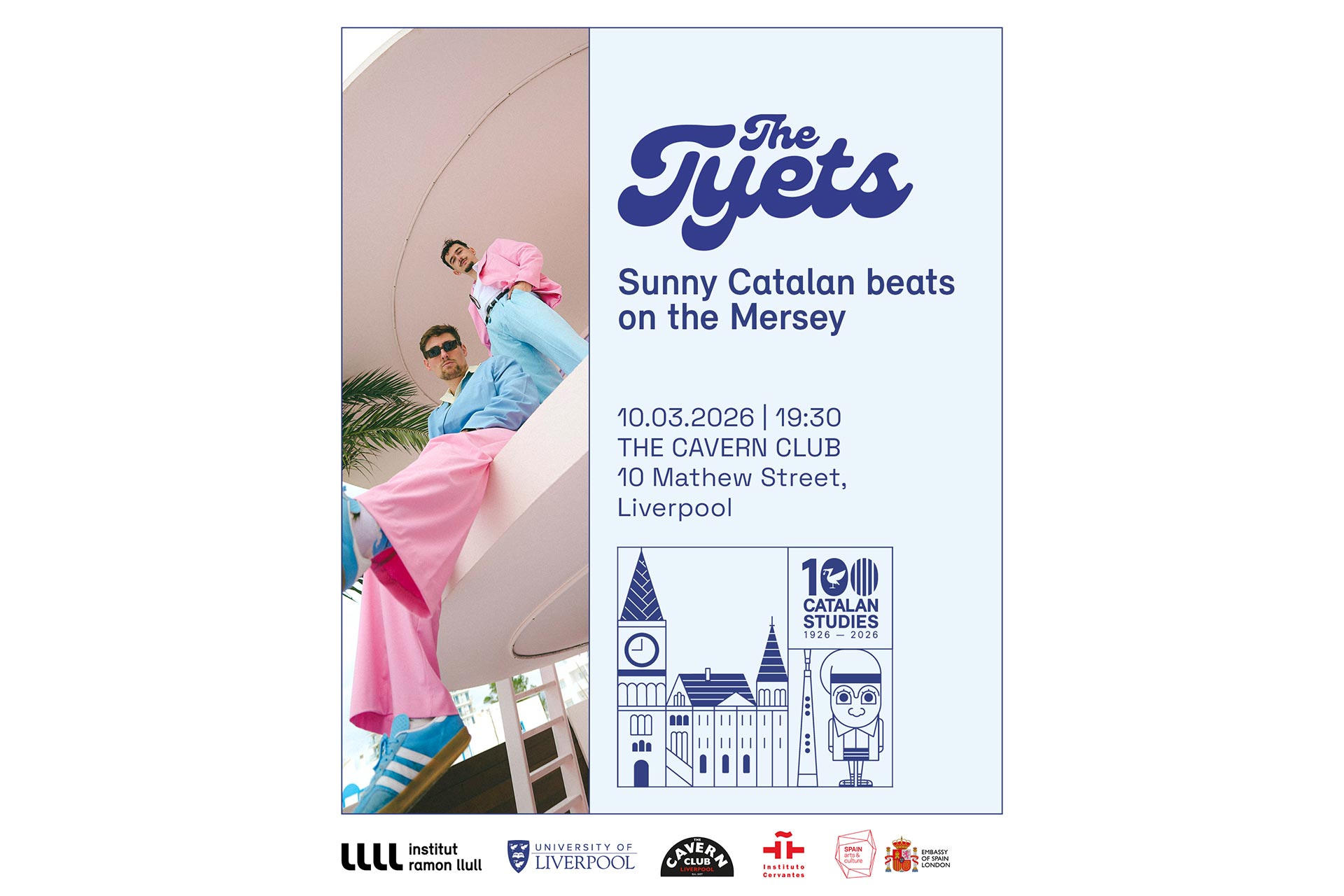 Promotional poster for a concert by The Tyets, featuring two people in colorful outfits posing on a modern curved balcony, with event details for a Liverpool performance.