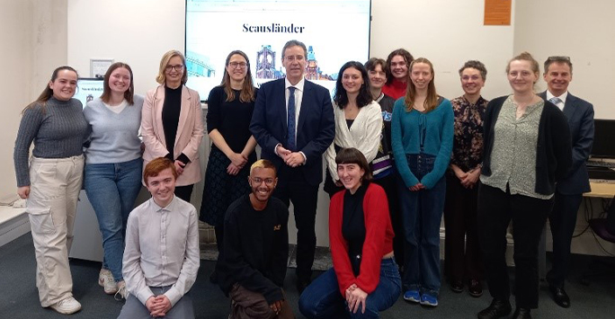 Group picture of the German Ambassador and Langauges Students at the University of Liverpool