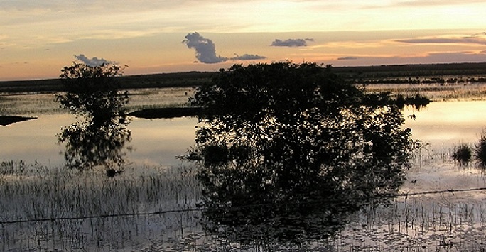 landscape across a lake at sunrise