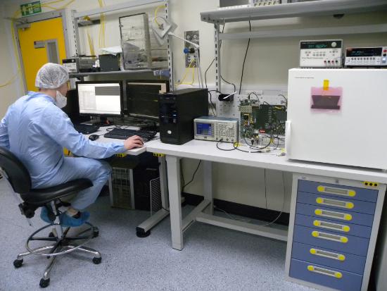 One of our PhD students doing charge collection efficiency measurements of a DMAPS prototype to study the radiation tolerance of these sensors in the cleanrooms in Liverpool.