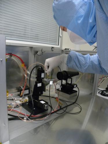 One of our research staff characterizing a DMAPS prototype with the edge Transient Current Technique (eTCT) set-up to study the radiation tolerance of these sensors in the cleanrooms in Liverpool.