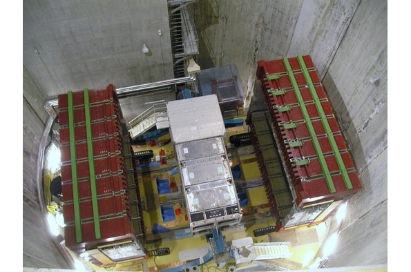 The ND280 near detector, photographed with the magnet open. This detector is used to measure the neutrino beam before oscillations can occur and to measure neutrino interactions.