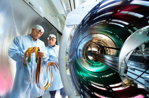 The ATLAS semiconductor tracker undergoing testing. It is part of the Large Hadron Collider experiment at CERN experiment which University of Liverpool scientists have contributed to. Photo courtesy of CERN.