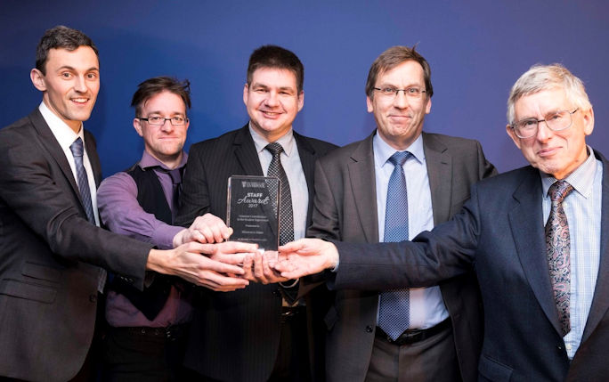 Members of the winning Mission to Mars team: Chris Edmonds, Dan Harmann, Rodi Herzberg, Steve Barrett and John Fry (left to right) proudly presenting their 2017 Staff Award for the Greatest Contribution to the Student Experience.