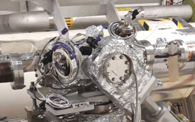 Photograph of the beam gas curtain monitor interaction chamber after installation in the Large Hadron Collider. Photograph: Gerhard Schneider, CERN.