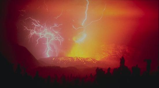 This stratovolcano with a lava dome is located in western Java. Its first eruption in 1822 produced a 22-km-long mudflow that killed 4,000 people. The second eruption in 1894 caused extensive property loss. The photo depicts a spectacular view of lightning strikes during a third eruption on December 3, 1982, which resulted in 68 deaths. A fourth eruption occurred in 1984. 