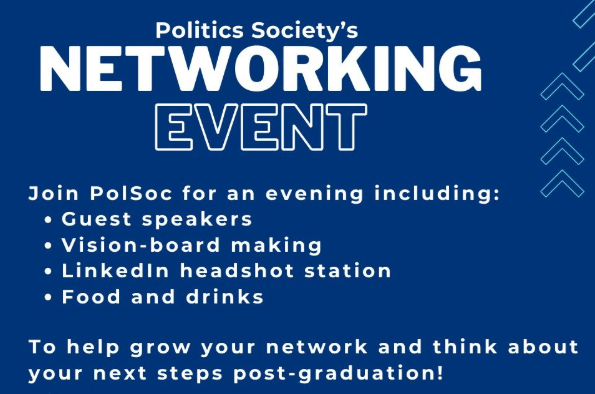 Thumbnail detailing the politics society's networking event