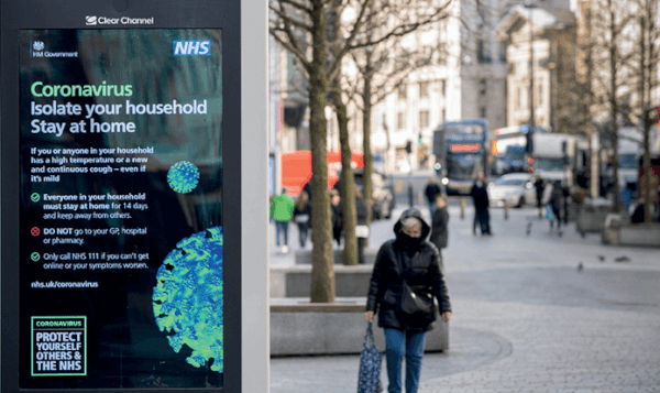 A coronavirus information sign in Liverpool city centre