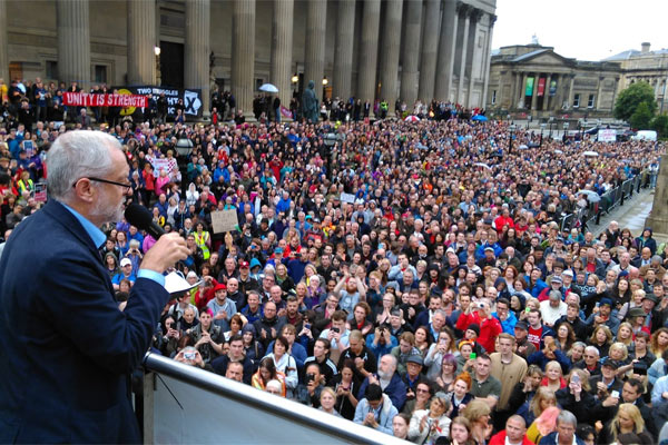 Jeremy Corbyn addressing crowds in Liverpool