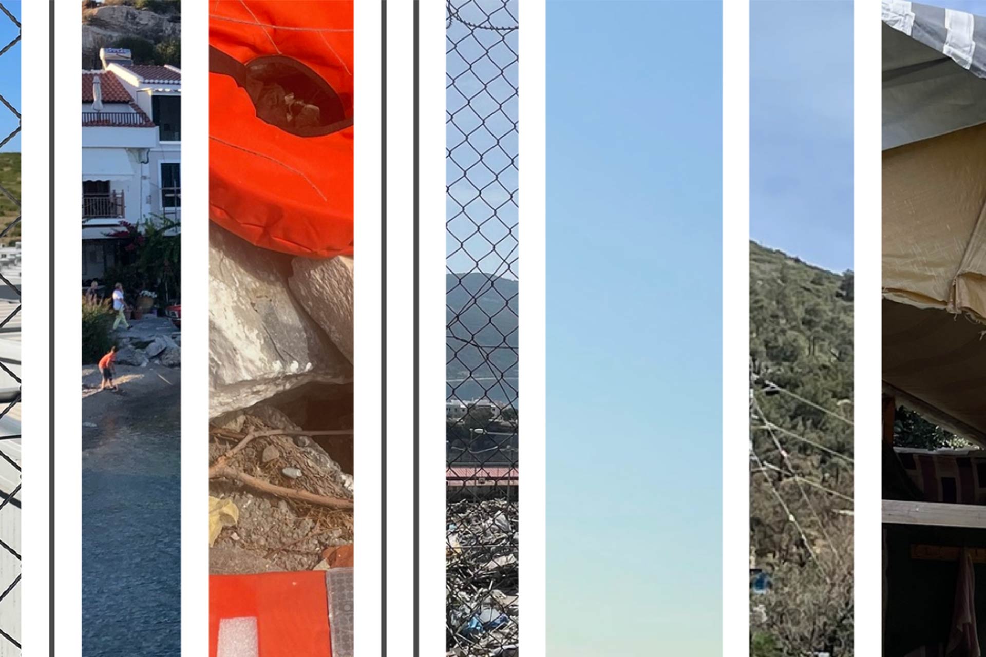 Spliced images put together in linear strips, including blue sky, beaches, hills and coastlines.