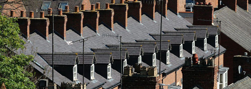 Roofs and chimneys of terraced houses in England