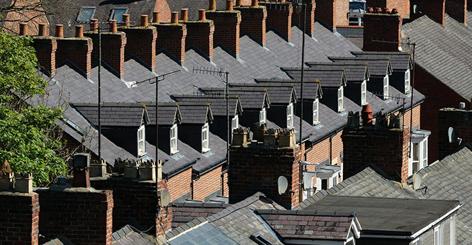Roofs and chimneys of terraced houses in England