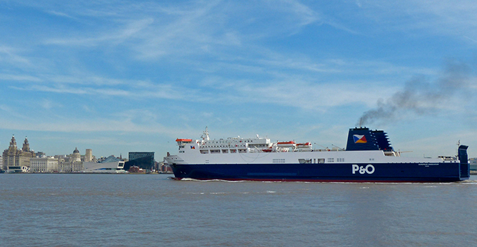 P&O ferry on River Mersey with Liverpool waterfront behind