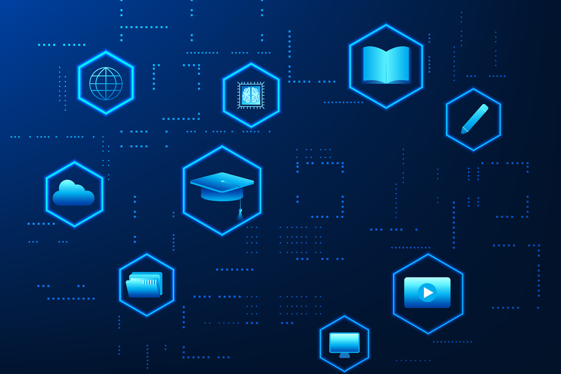 Blue background with lit up icons related to AI