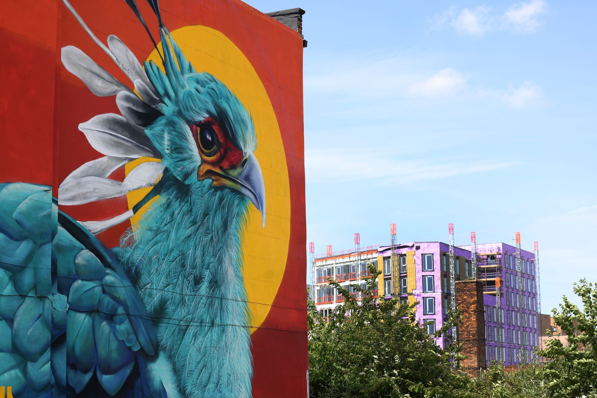 A mural on the side of a building in the Baltic area, depicting a bird against a colourful background.