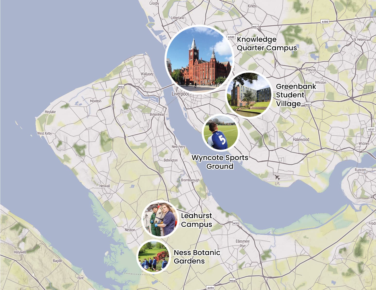 A map showing where the University of Liverpool campuses are located, overlaid on a map of Liverpool and the surrounding areas.