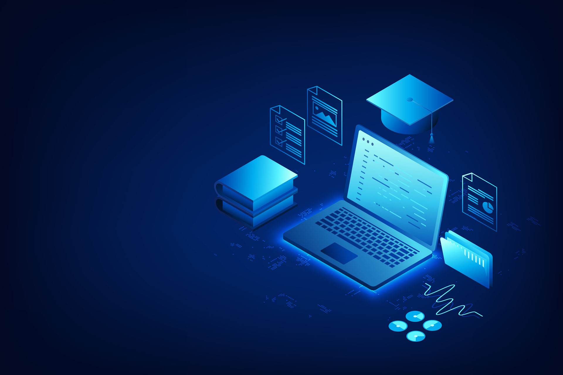 Glowing education related icons around a laptop screen