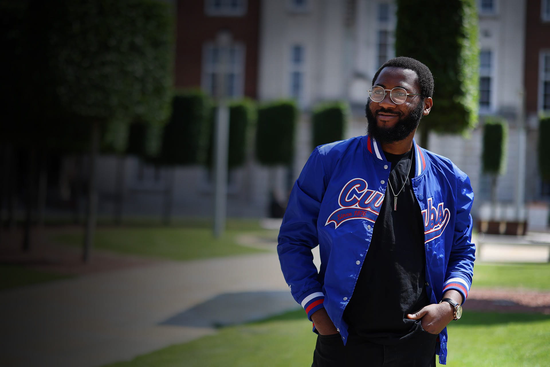 Student standing in the quadrangle