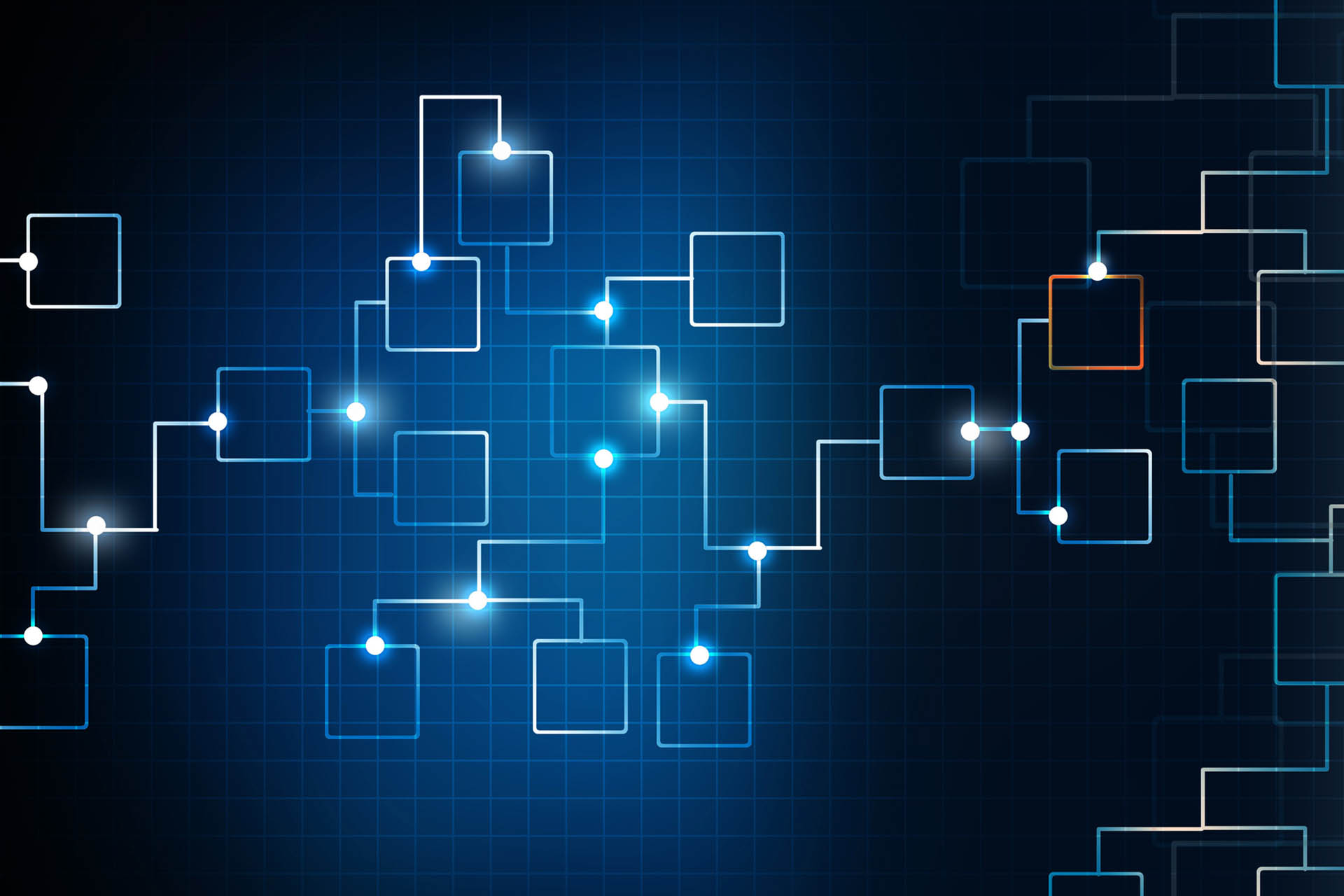 Glowing flow charts overlapping on a blue background