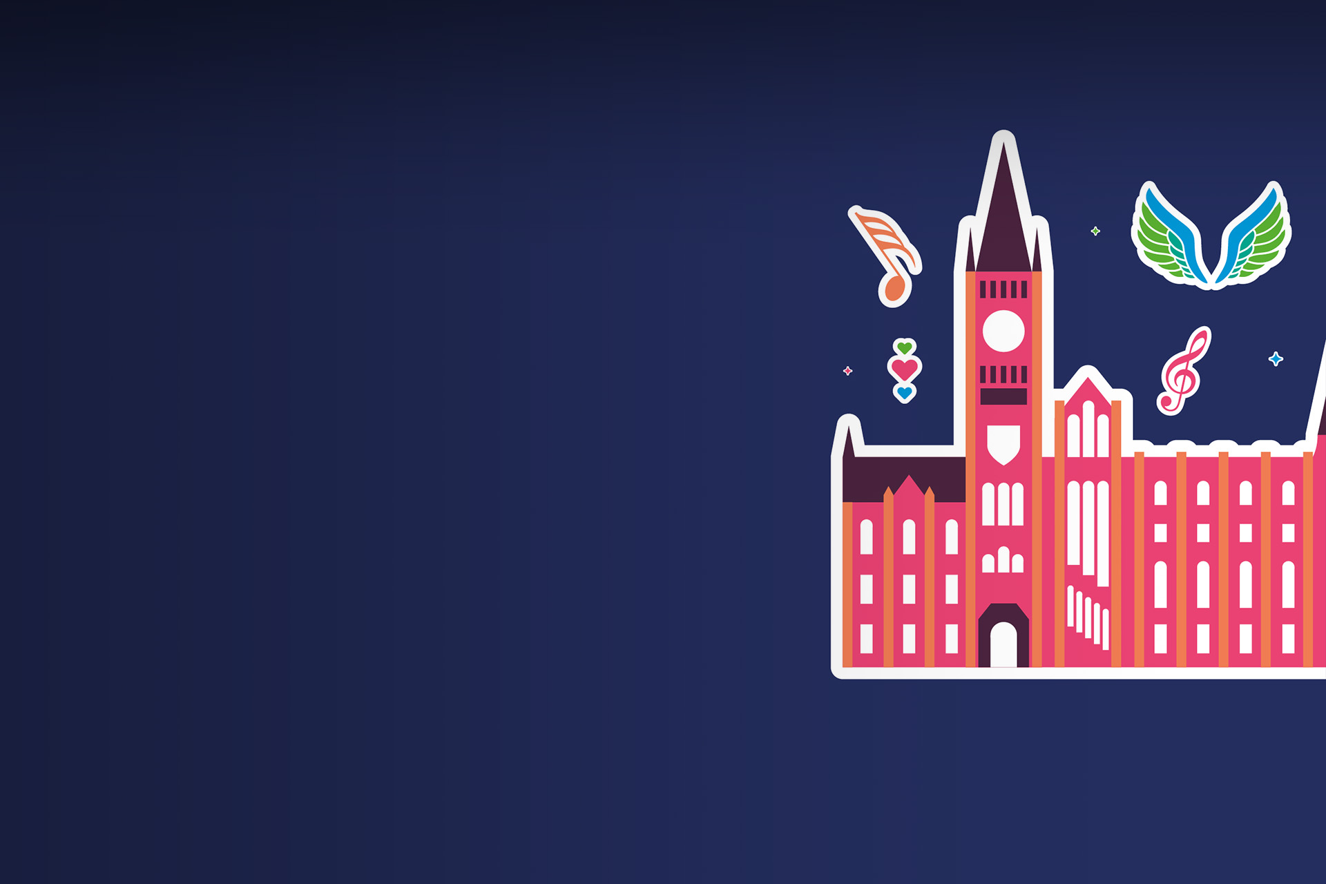Colourful illustration of red brick Victoria Building and clock tower
