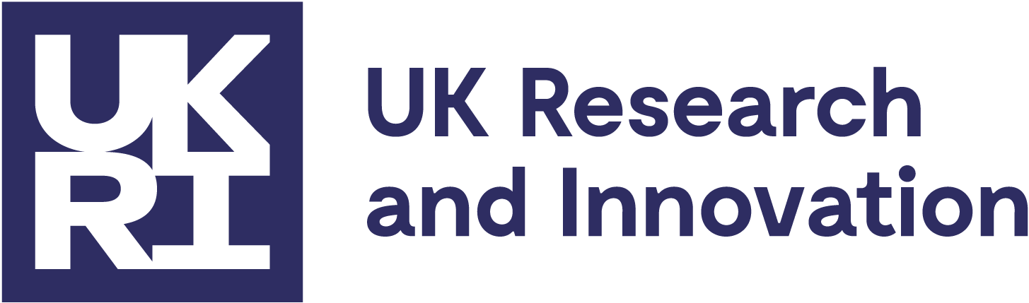 The UK research and innovation logo is on the left had side, which is a purple square with white block letters UK on top of white block letters RI. Next to that in large purple letters is the phrase, 