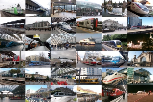 A collage of 36 pictures of trains, trams, boats, airplanes and a monorail plus several large railway stations from across the UK and Europe.