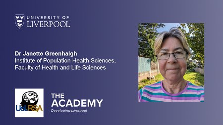 Card showing an image of Dr Janette Greenhalgh, Institute of Population and Health Sciences, Faculty of Health and Life Sciences