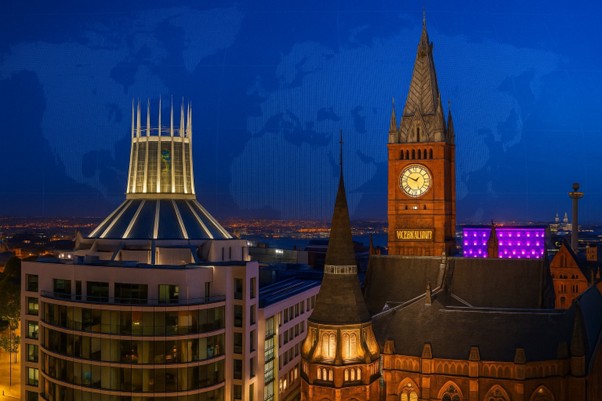 ‘Campus Aerial’ image with a composite of the world in the skyline