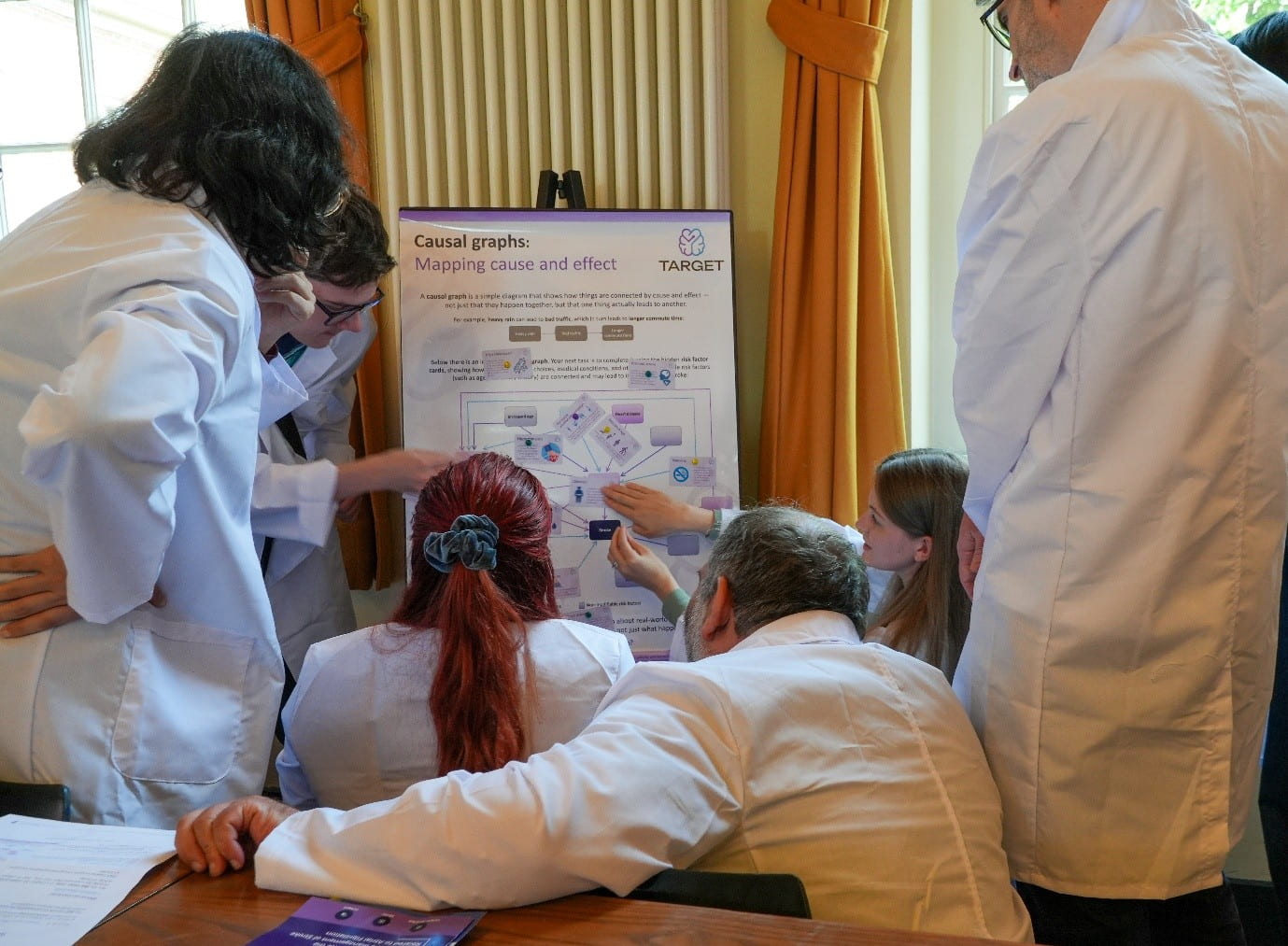 Group of people looking at information poster